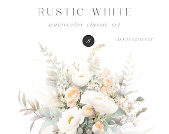 Watercolor Rustic White Floral Clipart - White Floral Clipart - Watercolor Clipart - Wedding Clipart - Roses Clipart - Premade Clipart