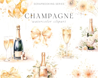 Watercolor Champagne Clipart - Festive  Clipart - Stickers Clipart - Scrapbooking Clipart- New Year - Watercolor Clipart - Wedding Clipart