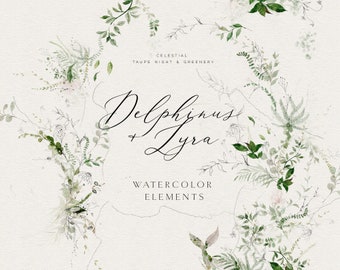 Watercolor Greenery Clipart - Individual Elements DIY - Watercolor Vines - Watercolor Moon - Leaves - Watercolor Twigs - Green Plants