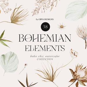 Boho Acquerello Elementi Clipart - Clipart acquerello - Pacchetto elementi - Clipart fiori tropicali - Clipart digitale - Fiori moderni-Clipart