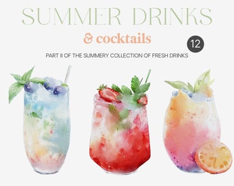 Aquarell Cocktail Clipart - Aquarell Sommer Getränke - Sommer Clipart - Aquarell Sommer - Getränke Clipart - Fruchtgetränke-Cocktail Clipart