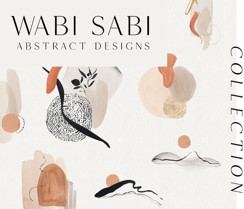 May include: Wabi Sabi Abstract Designs collection featuring a set of digital illustrations with abstract shapes in shades of brown, beige, and black. The illustrations feature organic shapes, dots, and lines.