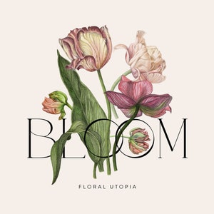 May include: A floral illustration of pink and white tulips with green leaves and the word "BLOOM" in black text with the phrase "FLORAL UTOPIA" below.