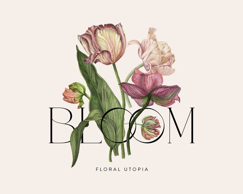 May include: A floral illustration of pink and white tulips with green leaves and the word "BLOOM" in black text with the phrase "FLORAL UTOPIA" below.