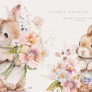 Lapins Clipart - Nursery Spring Clipart - Enfants - Cherry Blossom Clipart - Pâques Clipart-Spring Bunnies Clipart-Floral Clipart- Nursery