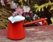 Vintage Red Enamel Warming Pots, Vintage Enamelware Turkish Coffee, Ladle Dipper Pourer, Butter Warmer, pouring ladle, coffee pouring