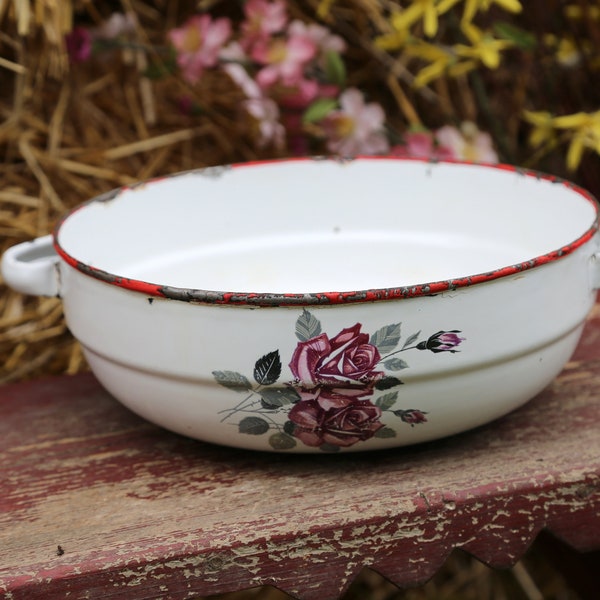 24.5 cm (9.6") Vintage Enamel Bowl with rare pattern • Vintage-Schmelz-Schüssel • Bol d'émail de millésime  • Farmhouse • Enamelware