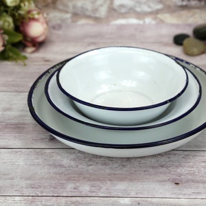 3 pieces Vintage Enamel Bowl and Plate with blue edge, Hungarian Enamel, Enamel Plate, Farmhouse, Decor Enamelware, Kitchenalia