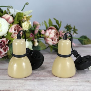 Op de afbeelding: Twee beige klokvormige lampen met zwarte accenten en een zwart snoer. De lampen zijn gemonteerd op zwarte beugels. Een boeket bloemen met roze, witte en groene bloesems staat op de achtergrond.