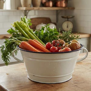 May include: A white enamelled metal basin with two side handles, filled with fresh produce including orange carrots, green celery stalks, red cherry tomatoes, and brown-toned heirloom tomatoes, all arranged together in the basin.