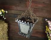 Vintage exterior hanging lantern, chandelier in wrought metal, aluminum and decorated opaque glass, Wrought iron, Farmhouse, Country chic