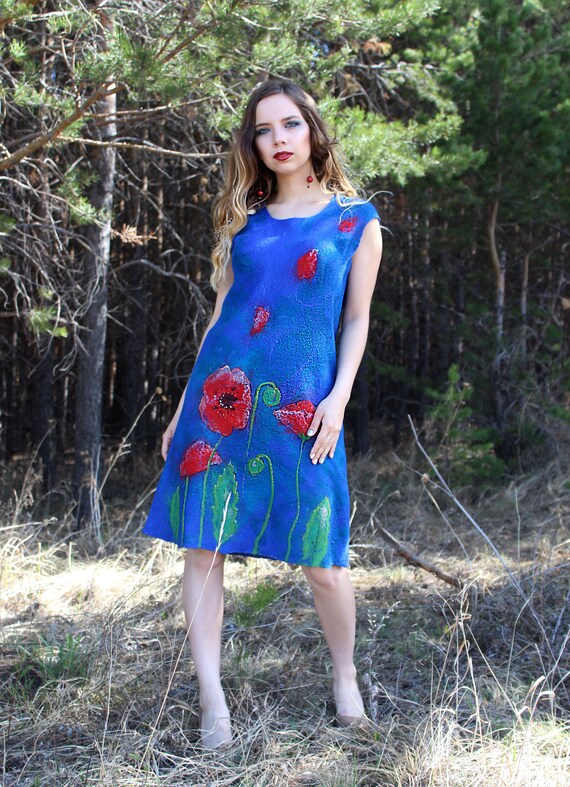blue dress with red poppies