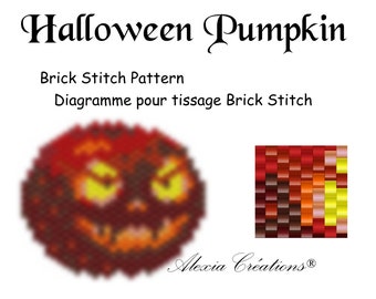 May include: A digital pattern for a Halloween Pumpkin brick stitch bead design. The image displays the text Halloween Pumpkin, Brick Stitch Pattern, and Alexia Créations. It features a blurred pumpkin graphic and a small color palette sample.