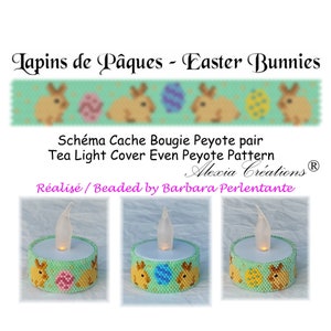 Könnte beinhalten: Ein Set aus drei Teelichthaltern mit einem Perlenmuster, das Osterhasen und Eier zeigt. Die Teelichthalter sind mit gleichmäßigem Peyotestich gefertigt und mit "Schéma Cache Bougie Peyote pair Tea Light Cover Even Peyote Pattern Alexia CréationsⓇ Réalisé/Beaded by Barbara Perlentante." beschriftet.