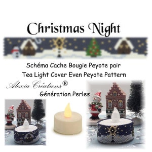 May include: A blue and white beaded tea light cover with a Christmas scene, including a snowman, houses, and a tree. The cover is made with even peyote stitch and is designed to fit a standard tea light. The image also shows a lit tea light inside the cover.