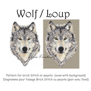 May include: A beaded pattern for a wolf's head, with a grey and white colour scheme. The pattern is for brick stitch or peyote beading, and includes a background.