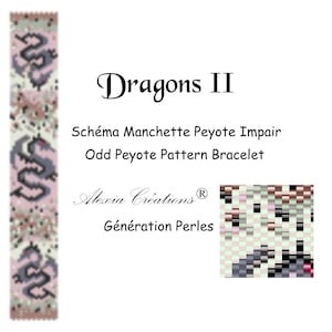 May include: A beading pattern for a bracelet featuring two dragons in a light pink, gray, and white color scheme. The pattern is called "Dragons II" and is an odd peyote pattern bracelet. The pattern is by Alexia Creations.