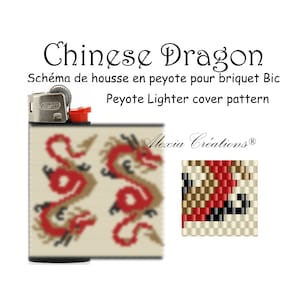 May include: A peyote stitch pattern for a lighter cover featuring a red Chinese dragon on a beige background. The pattern is called "Chinese Dragon" and is by Alexia Creations.