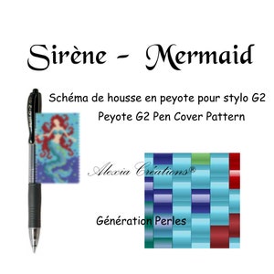 May include: A beading pattern for a mermaid pen cover. The pattern is shown on a pen and a small beading project. The pattern is called "Sirène - Mermaid" and is by Alexia Créations. The pattern is for peyote stitch and is for G2 size beads.