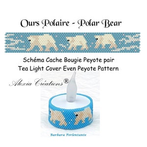 Pode incluir: Um protetor de vela de chá azul e branco com um padrão de ursos polares. A capa é feita com ponto peyote par e é etiquetada como "Ours Polaire - Polar Bear" e "Schéma Cache Bougie Peyote pair Tea Light Cover Even Peyote Pattern Alexia CréationsⓇ".