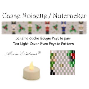 Puede incluir: Un patrón de abalorios para una tapa de vela de té de cascanueces. El patrón se muestra sobre un fondo blanco con una pequeña vela de té y un primer plano del patrón de abalorios. El patrón se llama "Casse Noisette / Nutcracker" y es de Alexia Creations.