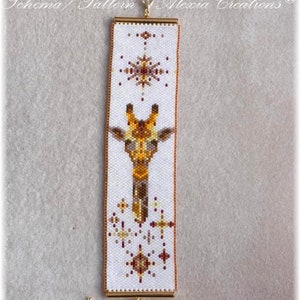 May include: A beaded bracelet featuring a giraffe design in shades of brown, gold, and white. The bracelet has a rectangular shape with a gold-colored clasp and chain. The text "Schema / Pattern Alexia Créations" and "Les Bijoux de Tine" are visible.