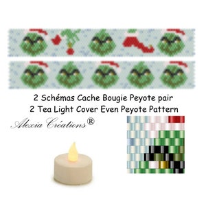 May include: Two beading patterns for a Grinch-themed tea light cover. The patterns are shown in two rows of green, red, and white beads. The patterns are for even count peyote stitch. The image also shows a white tea light and a color chart for the beads.