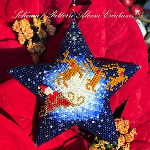May include: A blue star-shaped beaded ornament with a white, red, and gold design of Santa Claus and reindeer flying through a starry night sky. The ornament is hanging from a red poinsettia.