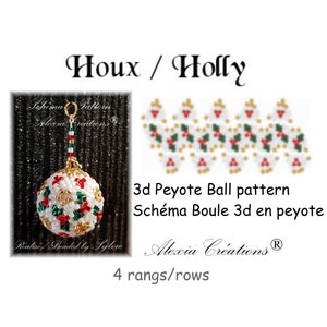 Può includere: Un ornamento natalizio a forma di palla di agrifoglio realizzato con perline. La palla è bianca, rossa e verde con accenti dorati. La palla è alta 4 file ed è un motivo a punto peyote 3D.