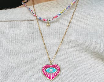 Double chain necklace in gold-plated stainless steel and Liberty cord with initials and pink heart pendants with an eye