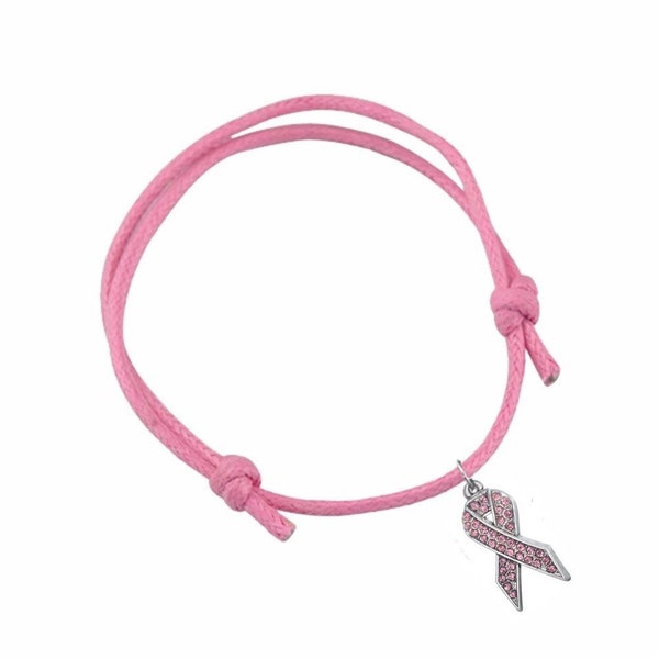 Bracelet octobre rose en Coton Rose Coulissant et Ruban zircon strass rose lutte contre le cancer du sein