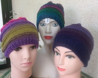 3 bonnets scintillants 1 tons bleus 1 tos bleu mauve 1 tons rose mauve vert jaune tricotés en acrylique lavable femme