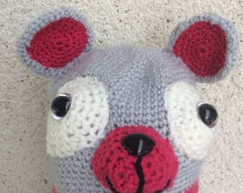 Bonnet enfant chat gris et rose crocheté en laine acrylique