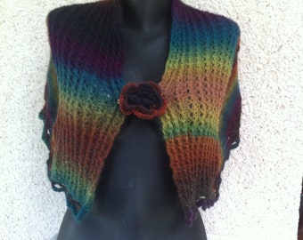 Shawl made knitting stitch lace jersey crochet border flamboyant tones in washable acrylic wool woman