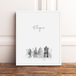 Prague Art Print Watercolor Skyline Cityscape Silhouette Modern Black White Czech Republic Icons Monochrome Printable Poster Minimalistic