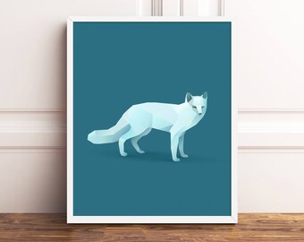 Polar Fox White Snow Arctic Animal Nursery Boy Print Polygonal Geometric Modern Animal Printable Poster Kids Childrens Low Poly Artwork