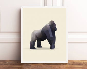 Gorilla Print Beige Black Boy Geometric Polygonal Polygon Animal Boy's Nursery Kids Children's Wall Decor Animal