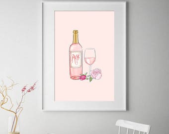 Rose Champagne Wine Print Art, Wall Art, Home Decor, Printable Art, Pink Art, Modern Print, Pink Watercolor Art, Pink Watercolour Print