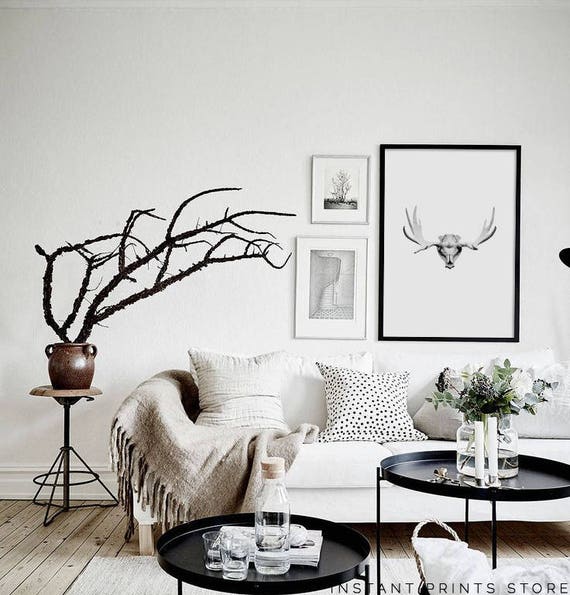 Monochrome Antler Modern Print Black White Grey Animal Skull Art Printable Poster Artwork Minimalistic Downloadable Home Wall Decor