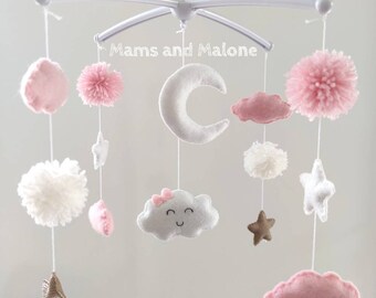 Mobile musical cloud knot pink golden white and moon