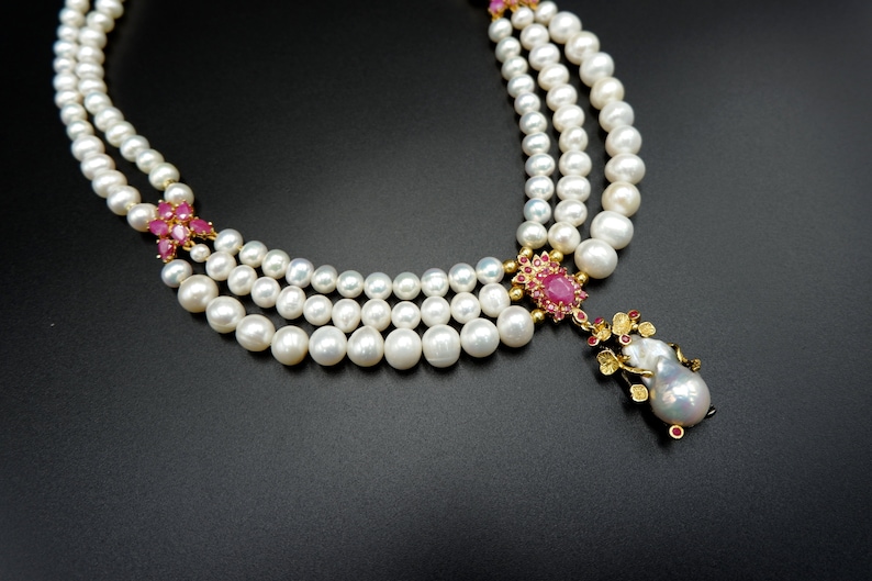Baroque 2/&3 Strands FreshWater Pearl Necklace Ruby Gemstone Sterling Silver 925 Yellow Gold Plated 18K Black Rhodium Plated