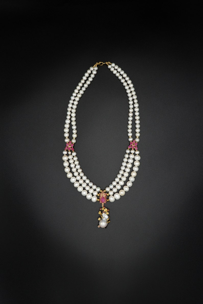 Baroque 2/&3 Strands FreshWater Pearl Necklace Ruby Gemstone Sterling Silver 925 Yellow Gold Plated 18K Black Rhodium Plated