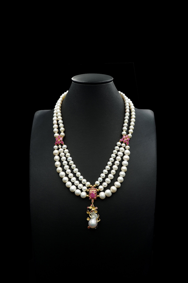 Baroque 2/&3 Strands FreshWater Pearl Necklace Ruby Gemstone Sterling Silver 925 Yellow Gold Plated 18K Black Rhodium Plated
