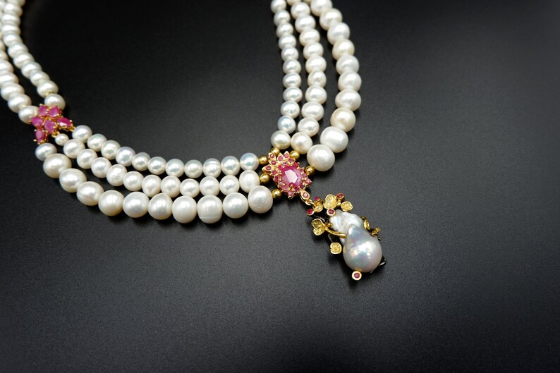 Baroque 2/&3 Strands FreshWater Pearl Necklace Ruby Gemstone Sterling Silver 925 Yellow Gold Plated 18K Black Rhodium Plated