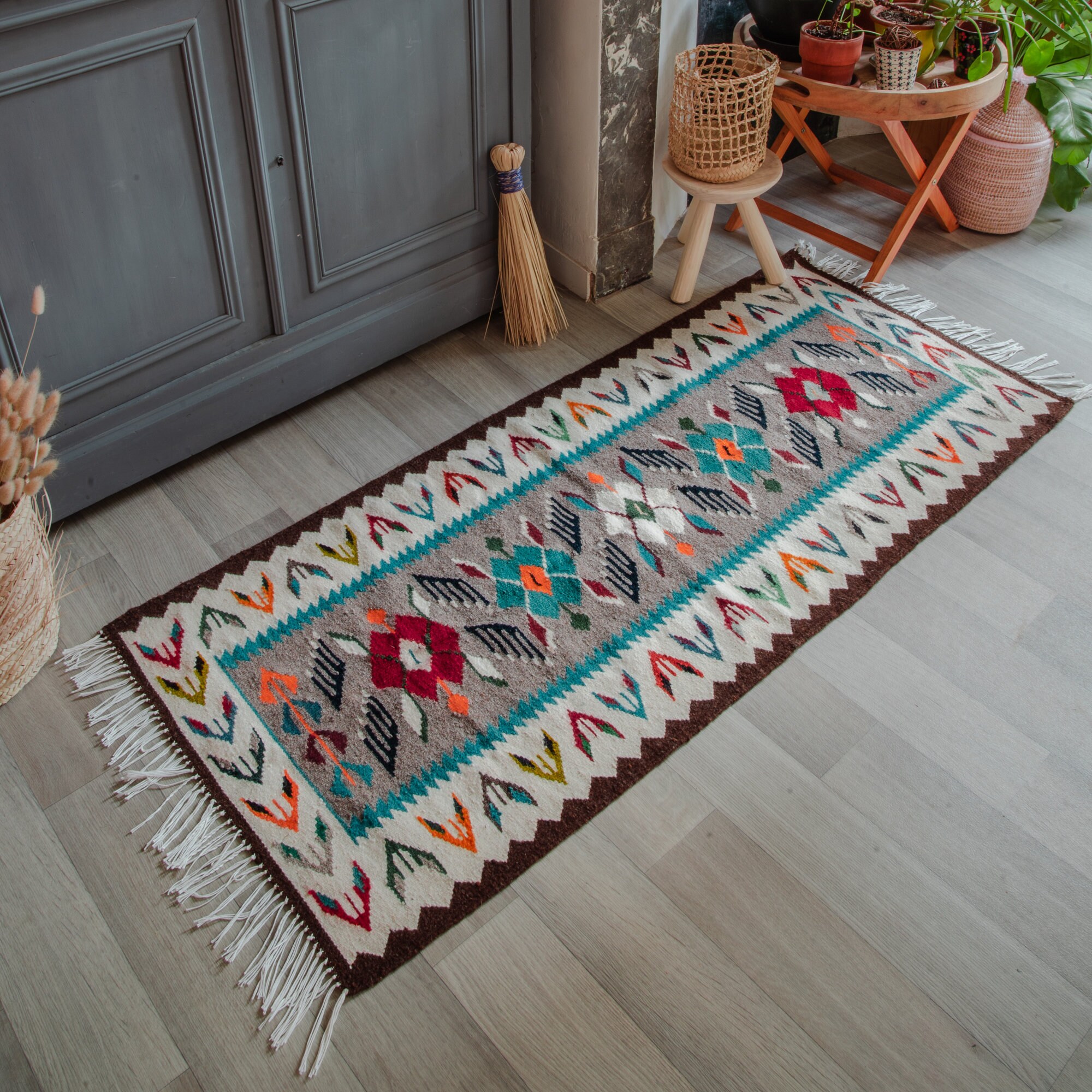 Kilim en Laine Ethnique Marron Gris et Turquoise Nora