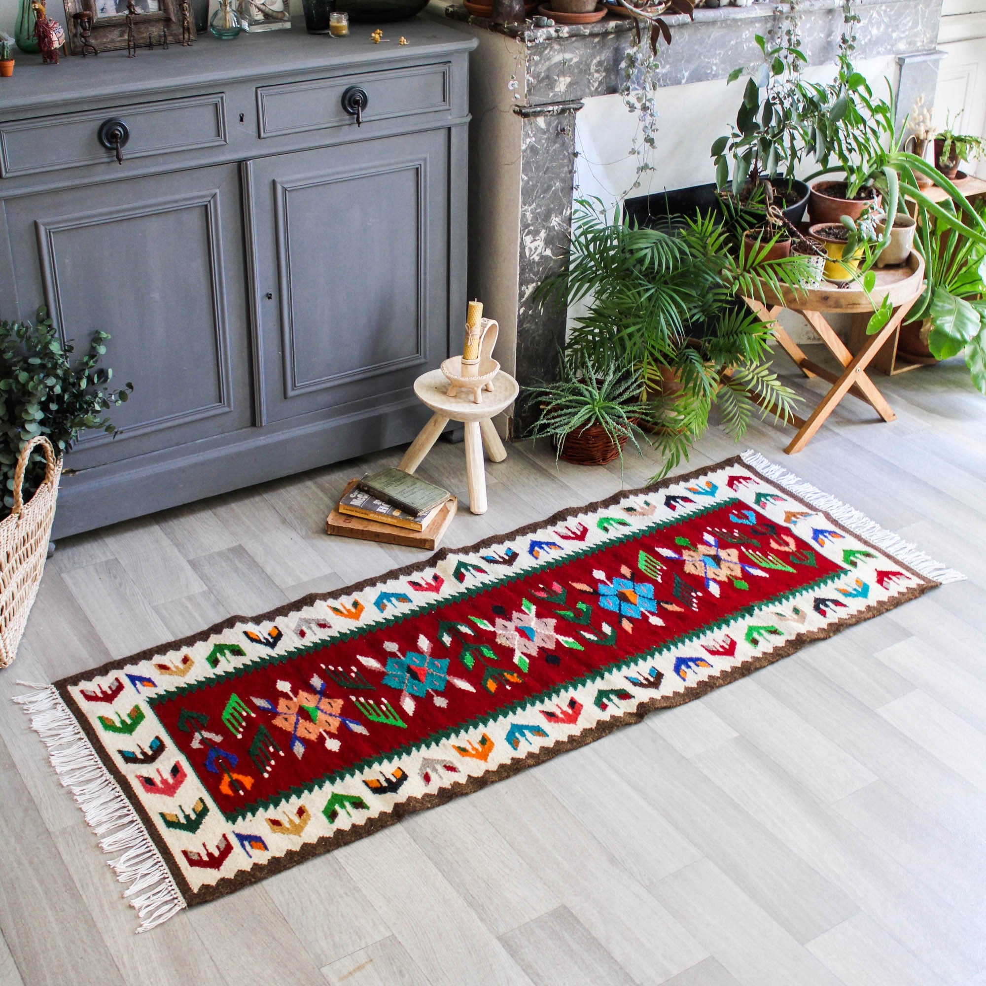 Kilim Ethnique en Laine Rouge et Vert Corina