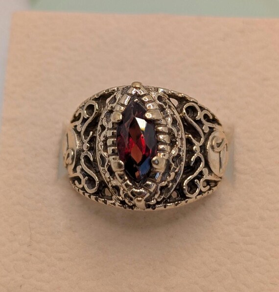 Antique 10k Yellow Gold Filigree Marquise Garnet Swan Wide Ring