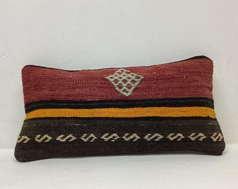 Hand Woven Wool Kilim Pillow Cover: Turkish Art, 8"x16"
