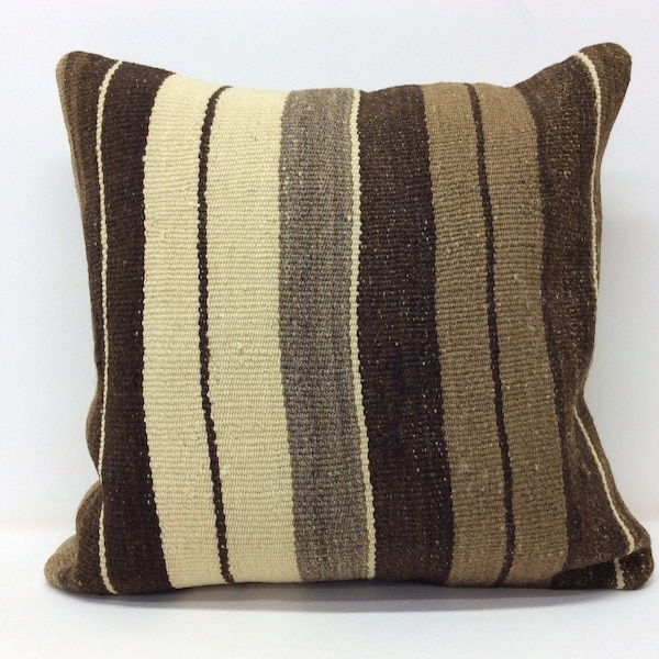 Brown Beige striped Kilim pillow cover 18”x18” 45x45cm,Handmade,Undyed Organic Wool ,Re-make form Old Kilim,Home,Kissenbezung,Pillow case