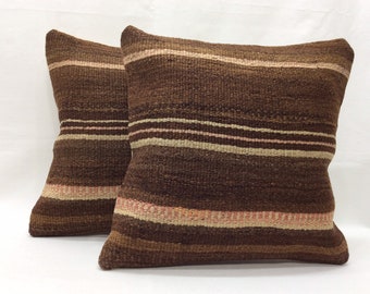 Pair of Vintage Kilim Pillow Covers: Handwoven Brown Wool Cushions (16x16)